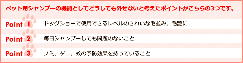 ペット用シャンプーの機能としてどうしても外せないと考えたポイントがこちらの3つです。